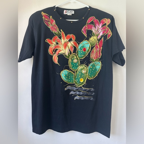Vtg Art Land Black Cotton Blend Embellished Cactus Floral Long T-Shirt One Size - Picture 4 of 7